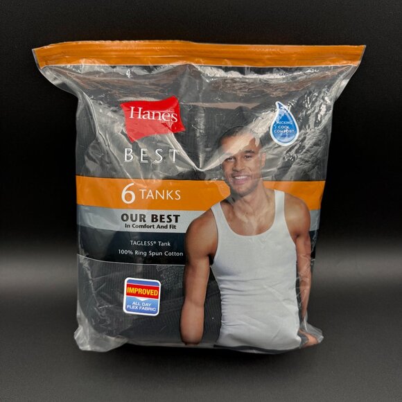 Hanes Mens 6-Pack Best Tagless Tank Tops 2XL Ribbed Black & Gray Cotton Open - Picture 1 of 3